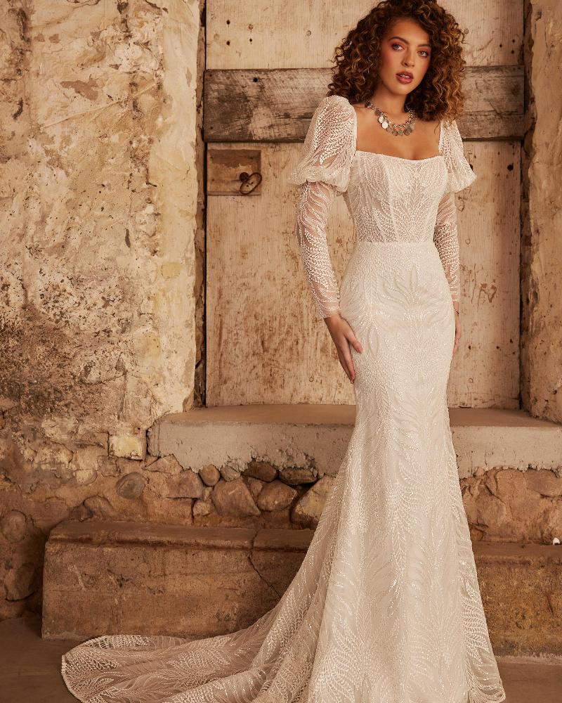 Lp2251 strapless boho wedding dress with removable sleeves and sparkly beaded lace3